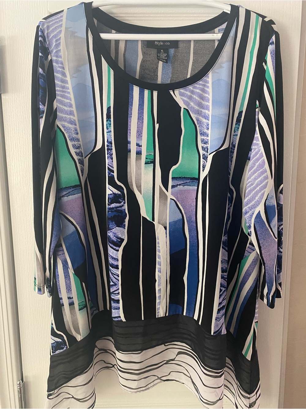 Style & Co. Black Multi-Blue Green Striped Scoop Neck Tunic